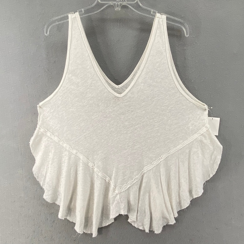 We The Free Rosie Tank Top Sz S Optic White Linen Blend Ruffle Hem V Neck - Picture 1 of 10